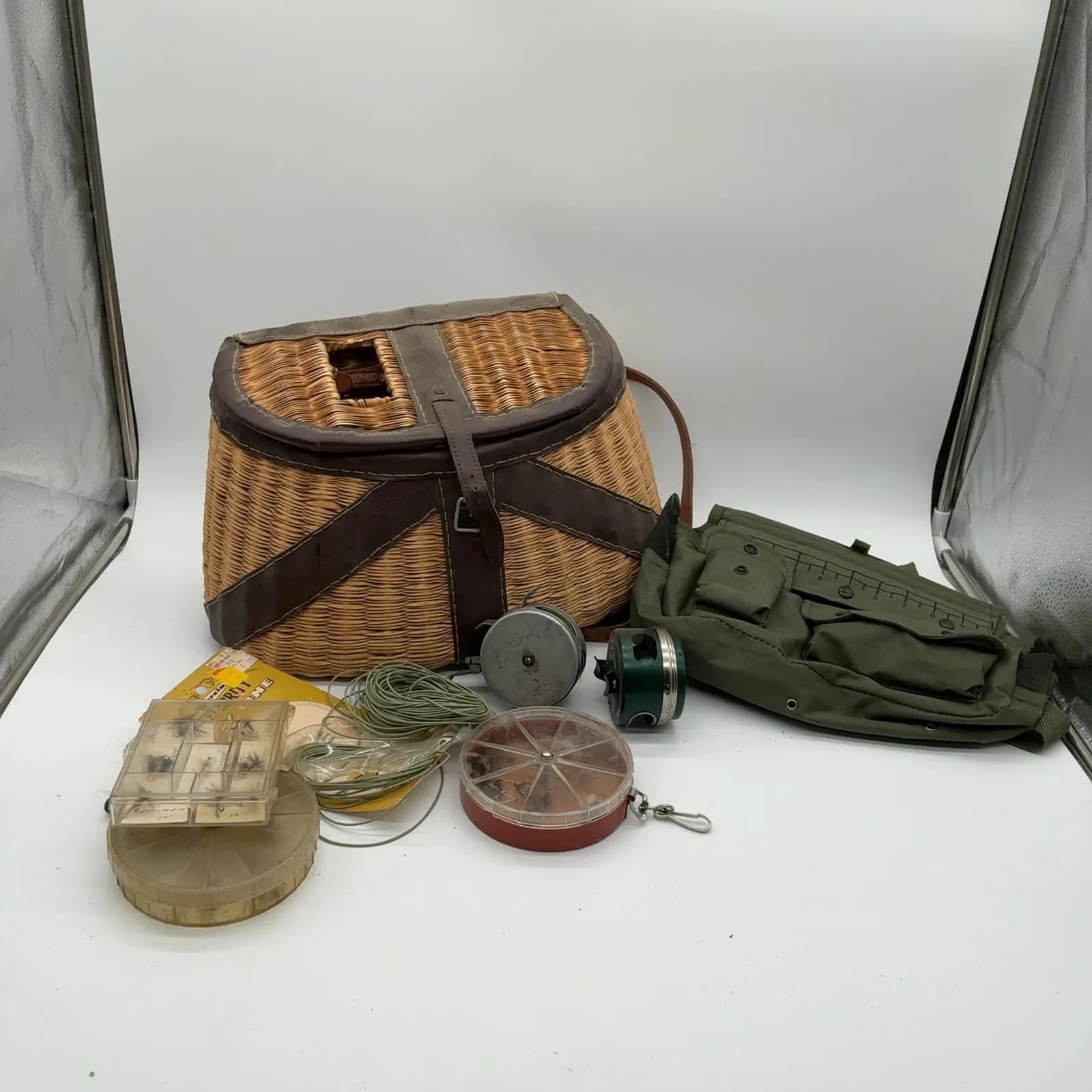 Vintage Fly Fishing Lot Wicker Creel Reels Vest Flies