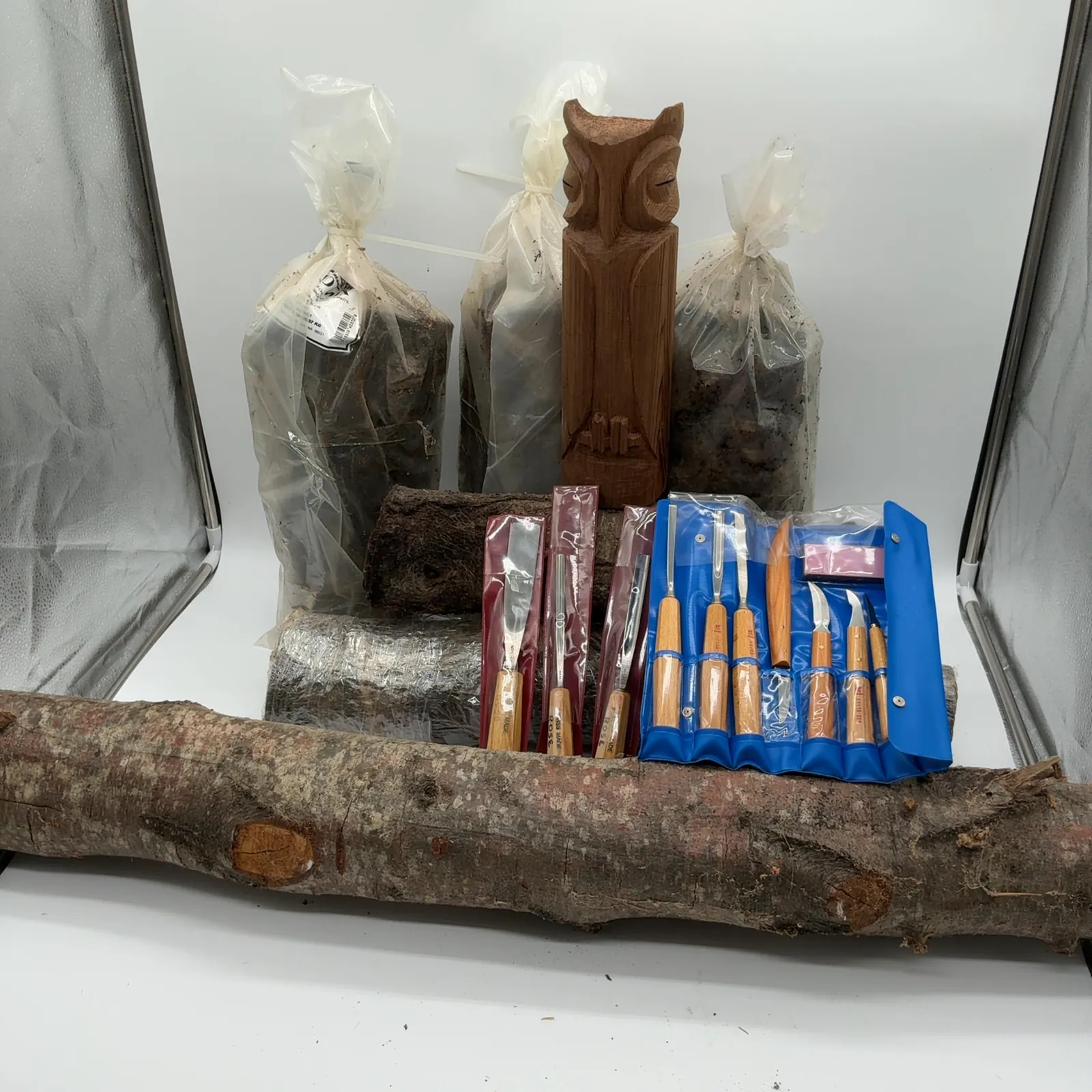 Woodcarving Tools Logs and Carved Owl Lot