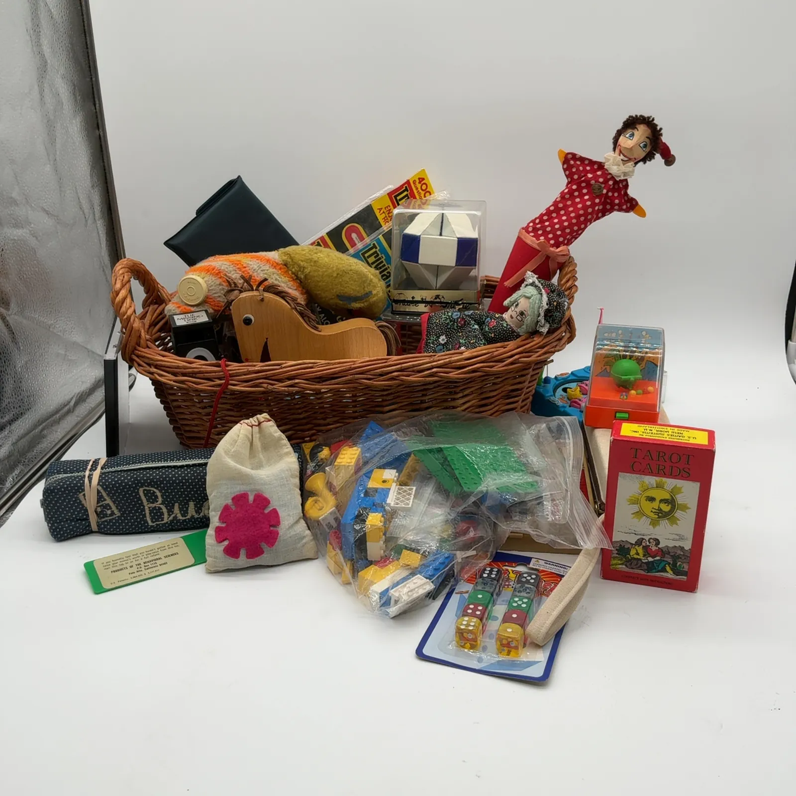 Vintage Mixed Game Toy Doll Lot with Wicker Basket