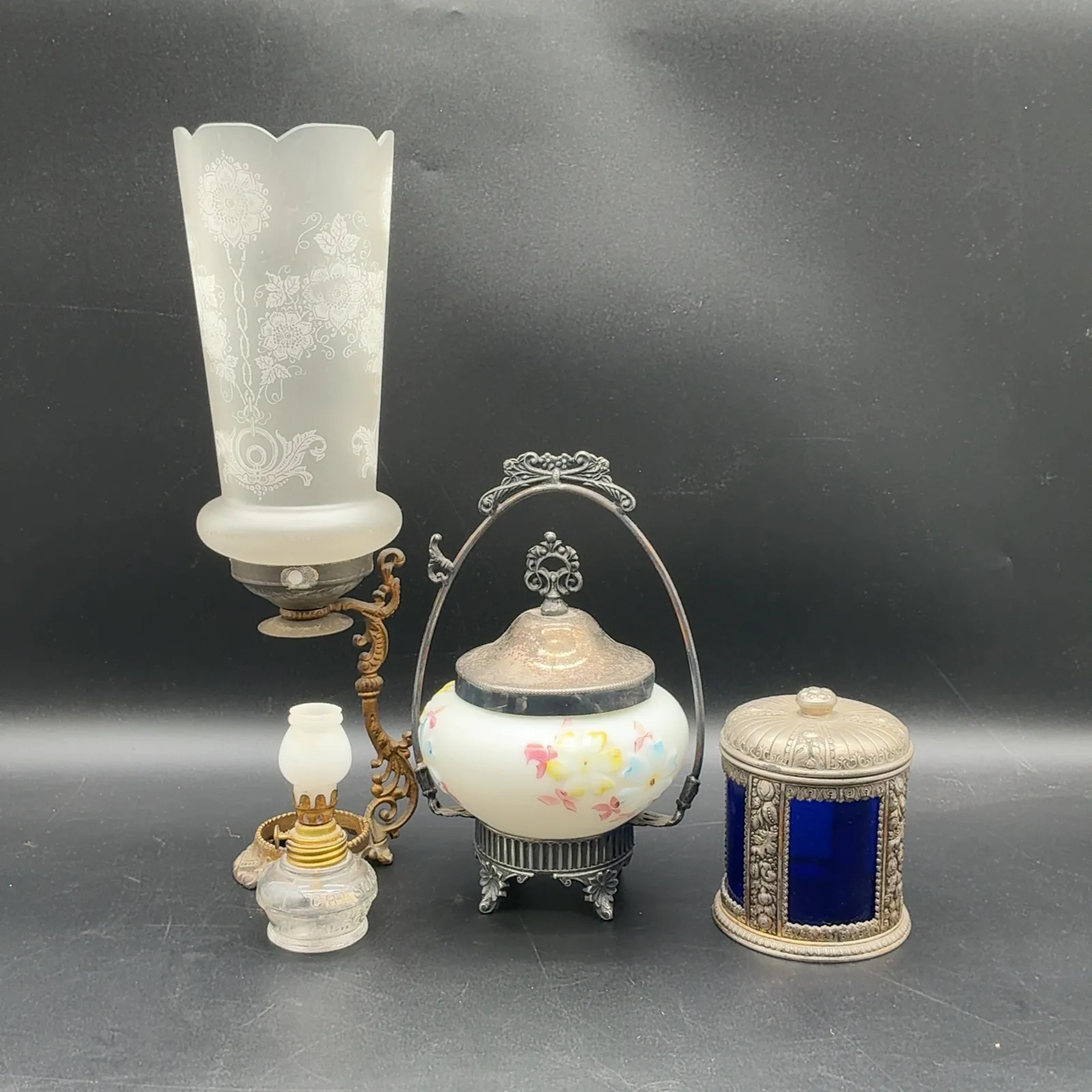 Vintage Style Oil Lamps and Cobalt Glass Box Lot