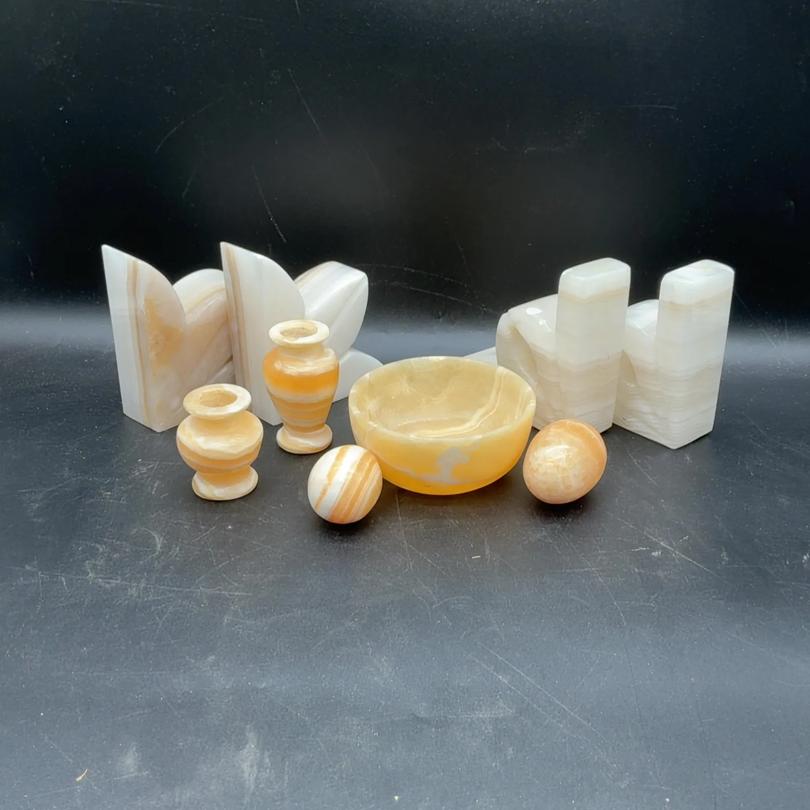 9-Piece Banded Onyx Stone Bookend and Decor Lot