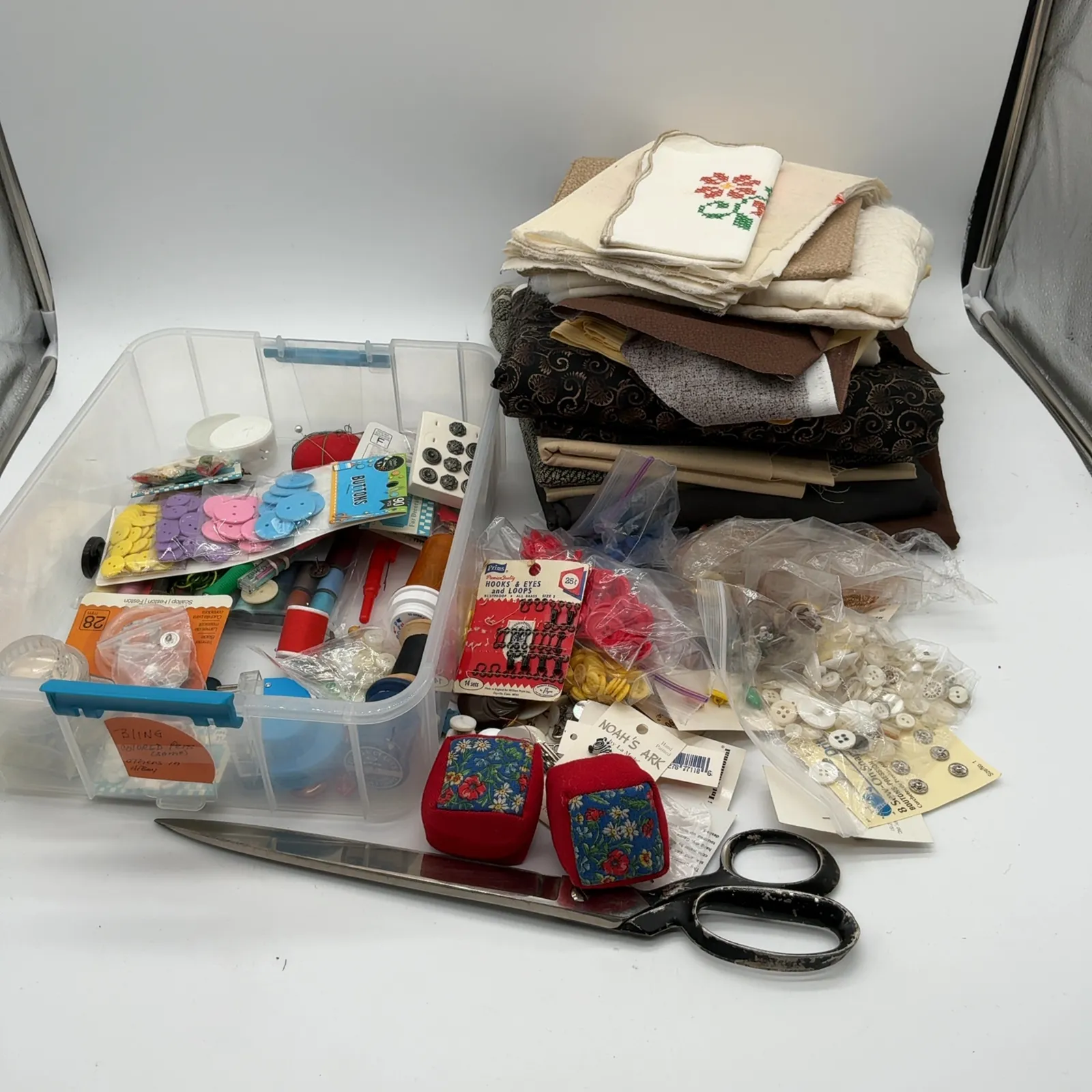 Vintage Sewing Notions, Buttons, Fabric and Organizer
