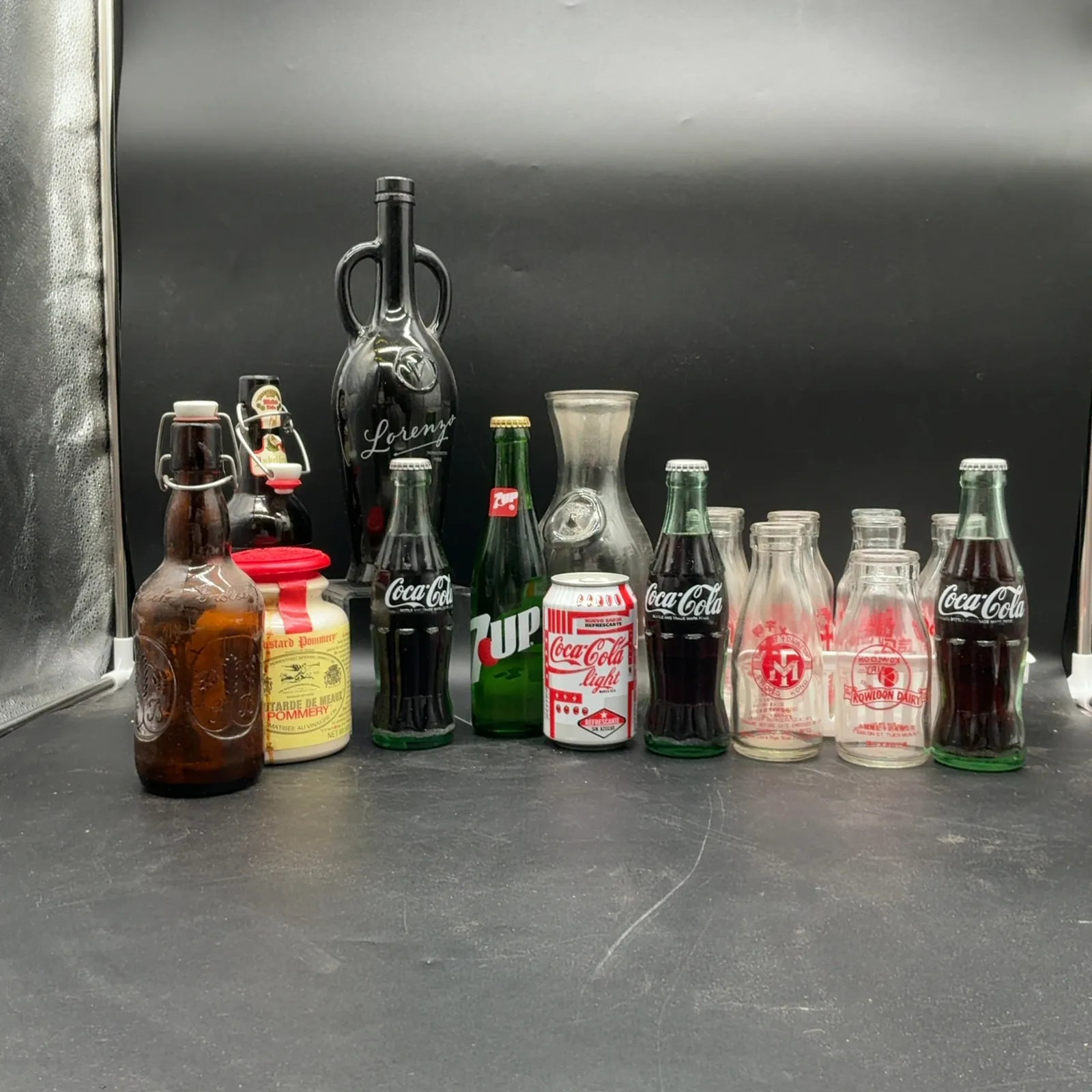 Vintage Coca-Cola 7UP & Hong Kong Milk Bottles