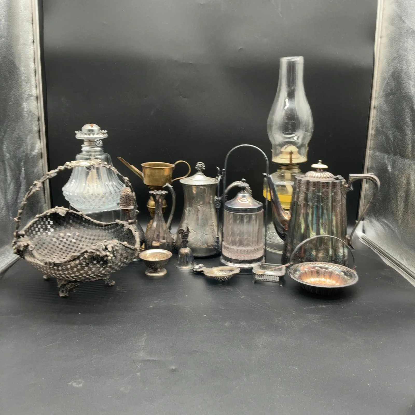 Victorian Silverplate Serving Lot with Glass Oil Lamp