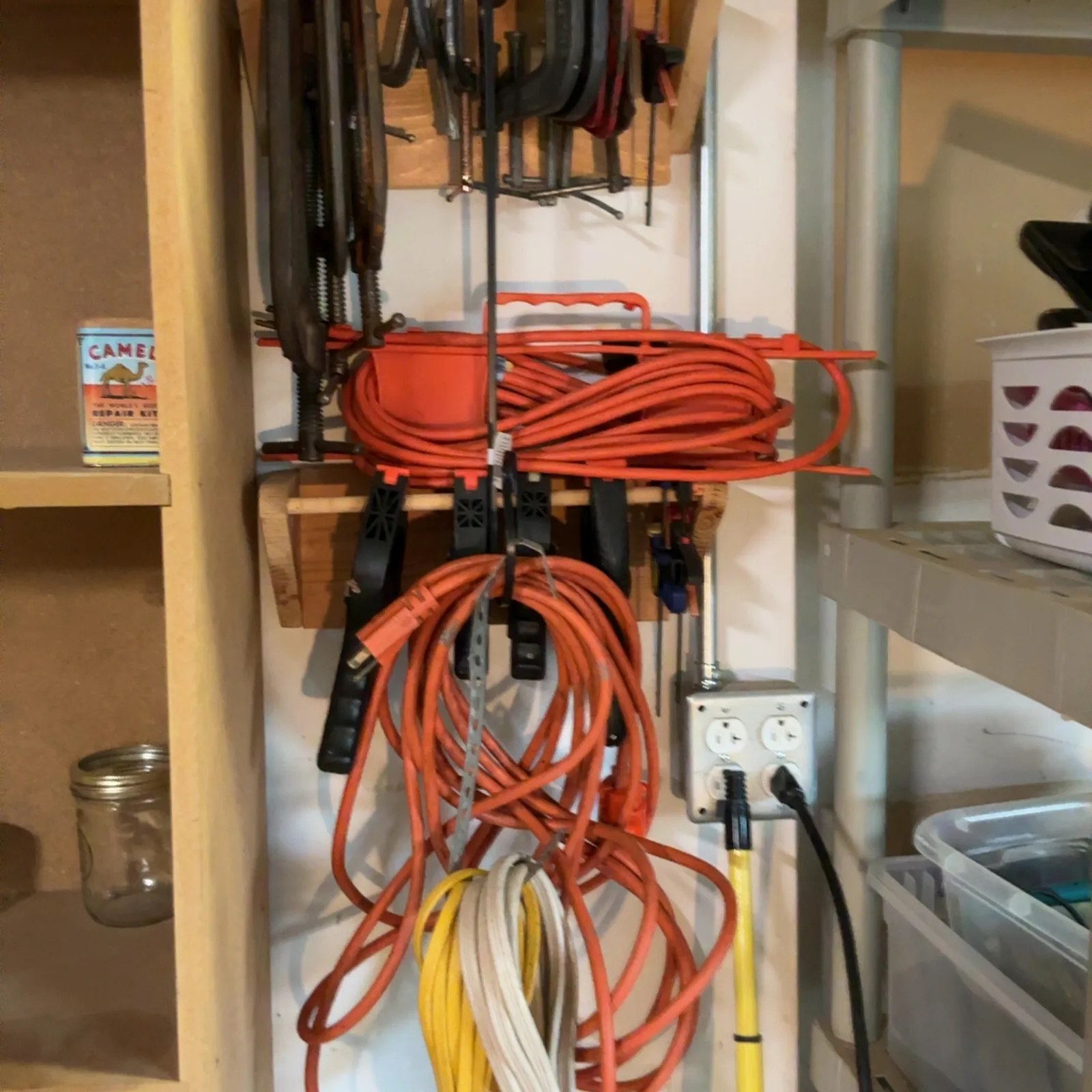 Workshop Tool Rack with Clamps and Extension Cords