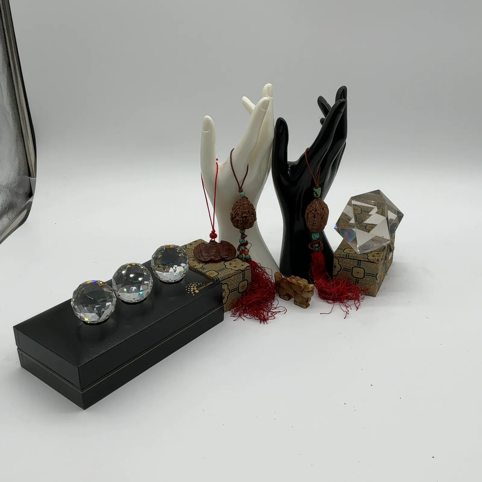 Carved Walnut Shells, Crystal Ornaments and Stands