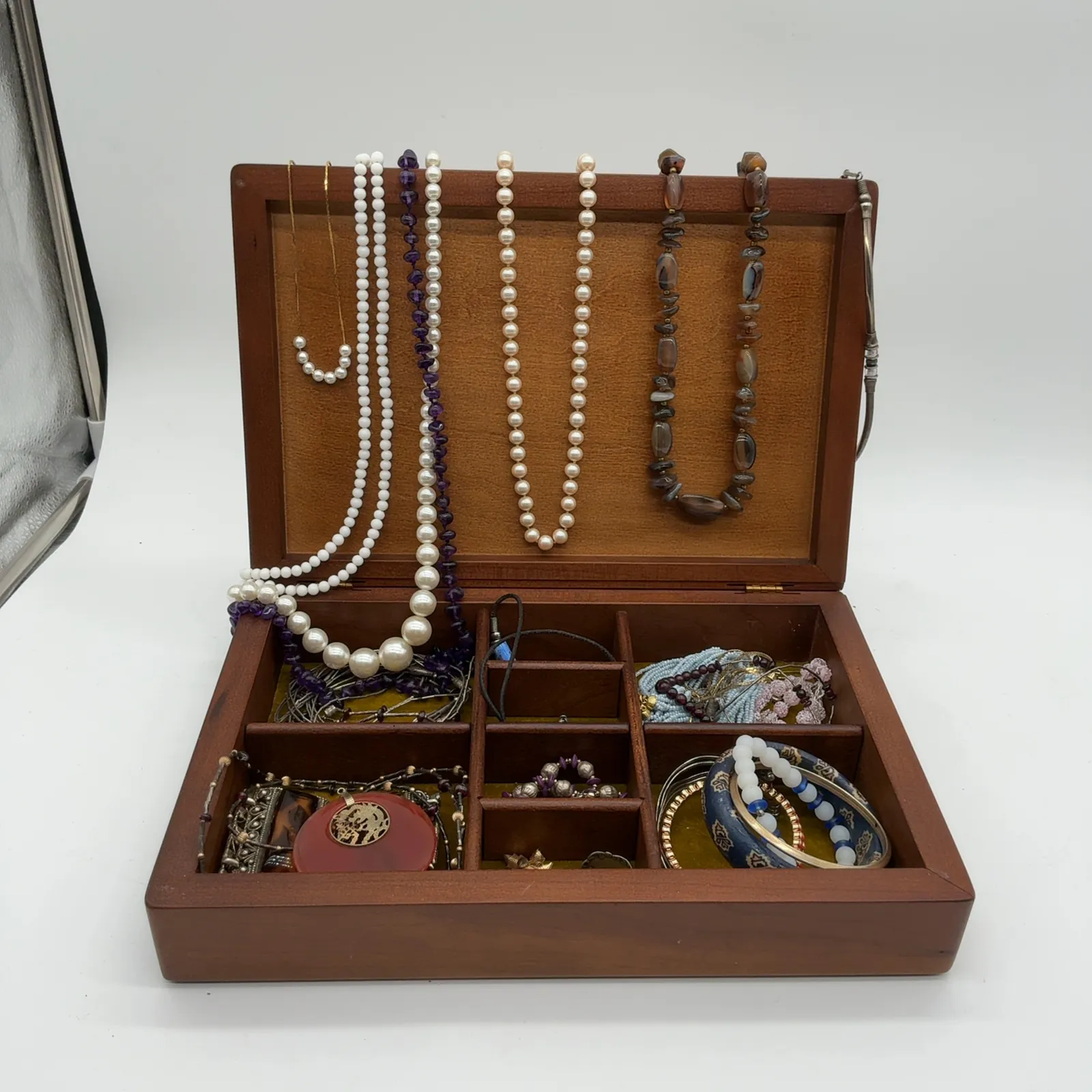 Mixed Costume Jewelry Lot in Wooden Jewelry Box