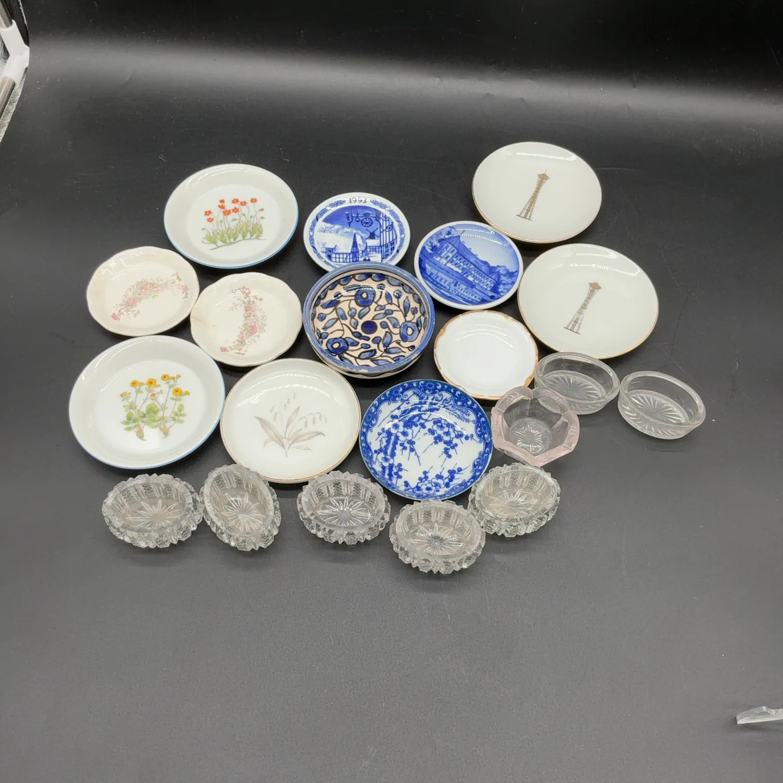 Miniature Ceramic Plates and Pressed Glass Salt Dishes