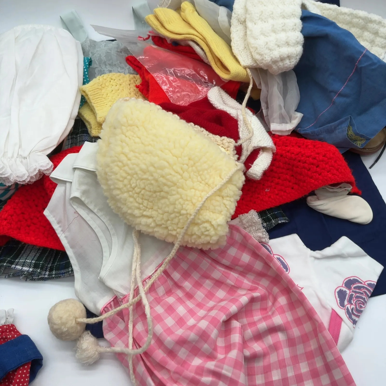 Assorted Doll Clothes Shoes and Handmade Knit Wardrobe
