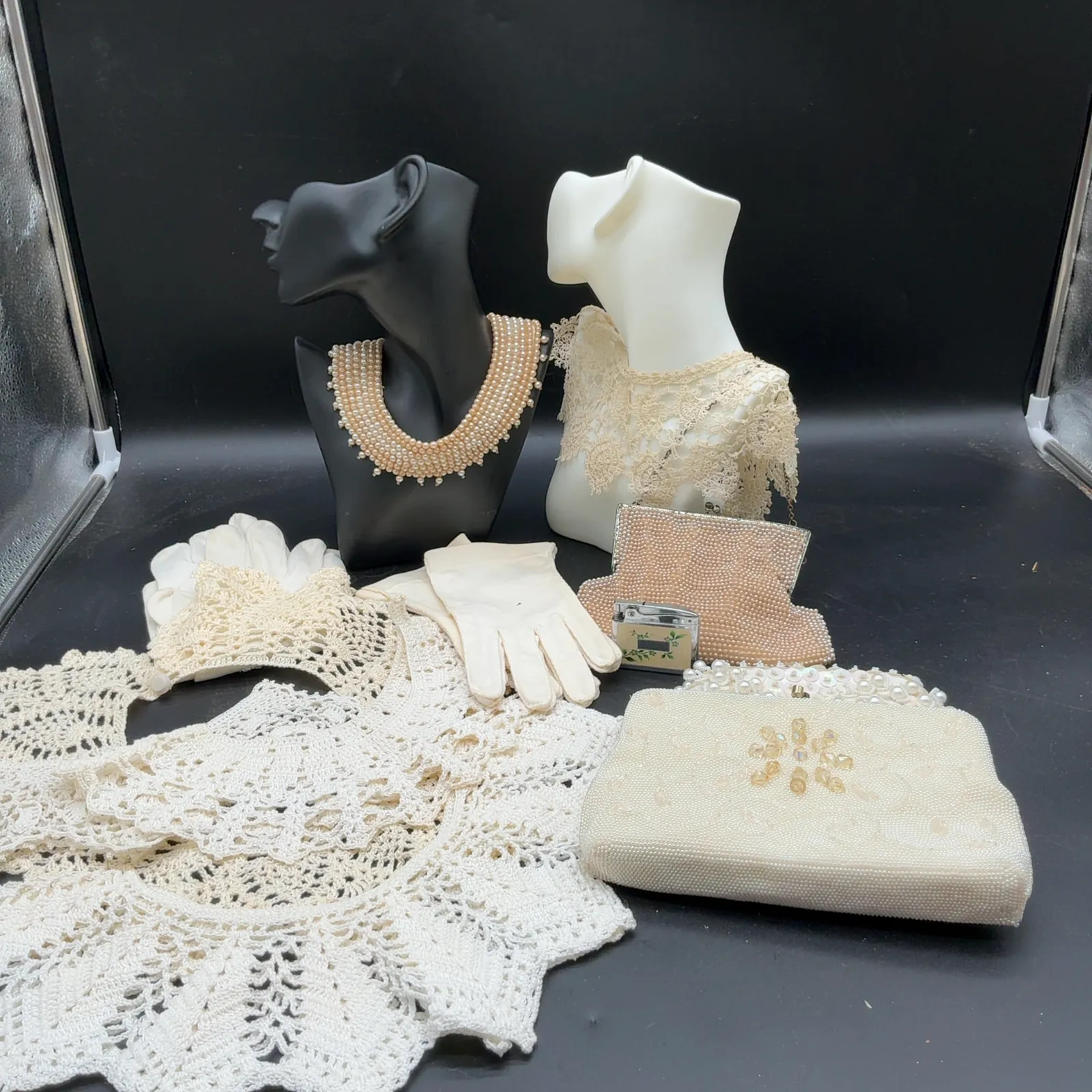 Vintage Beaded Handbags, Pearl Collar & Gloves Lot