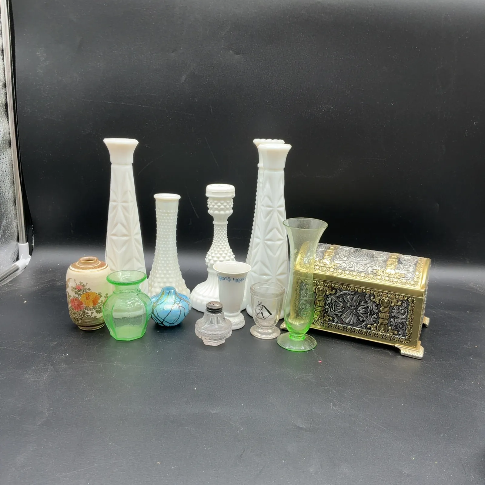 Uranium Glass, Milk Glass Vases & Ornate Tin Box Lot