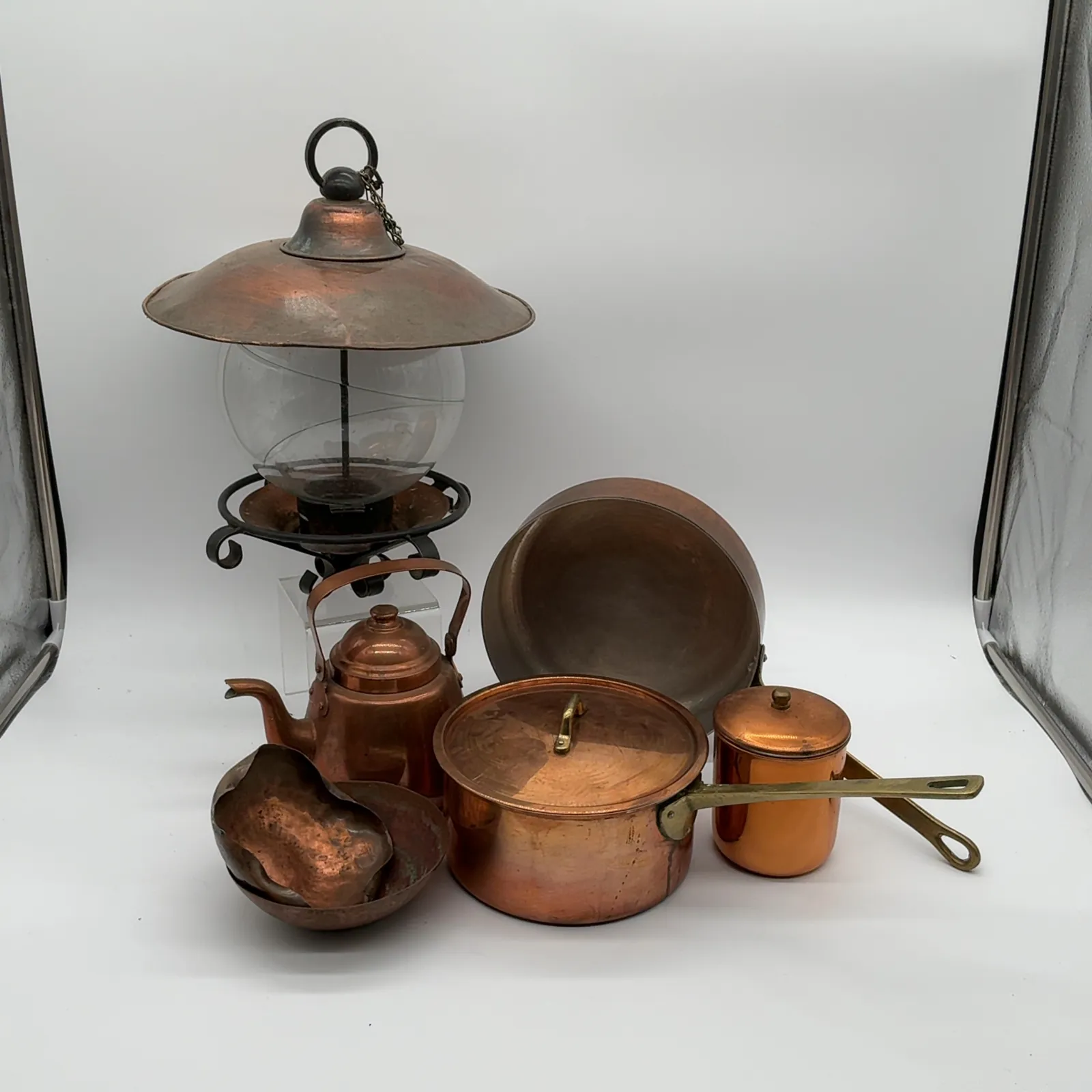 Vintage Copper Cookware Kettle and Glass Lantern Lot
