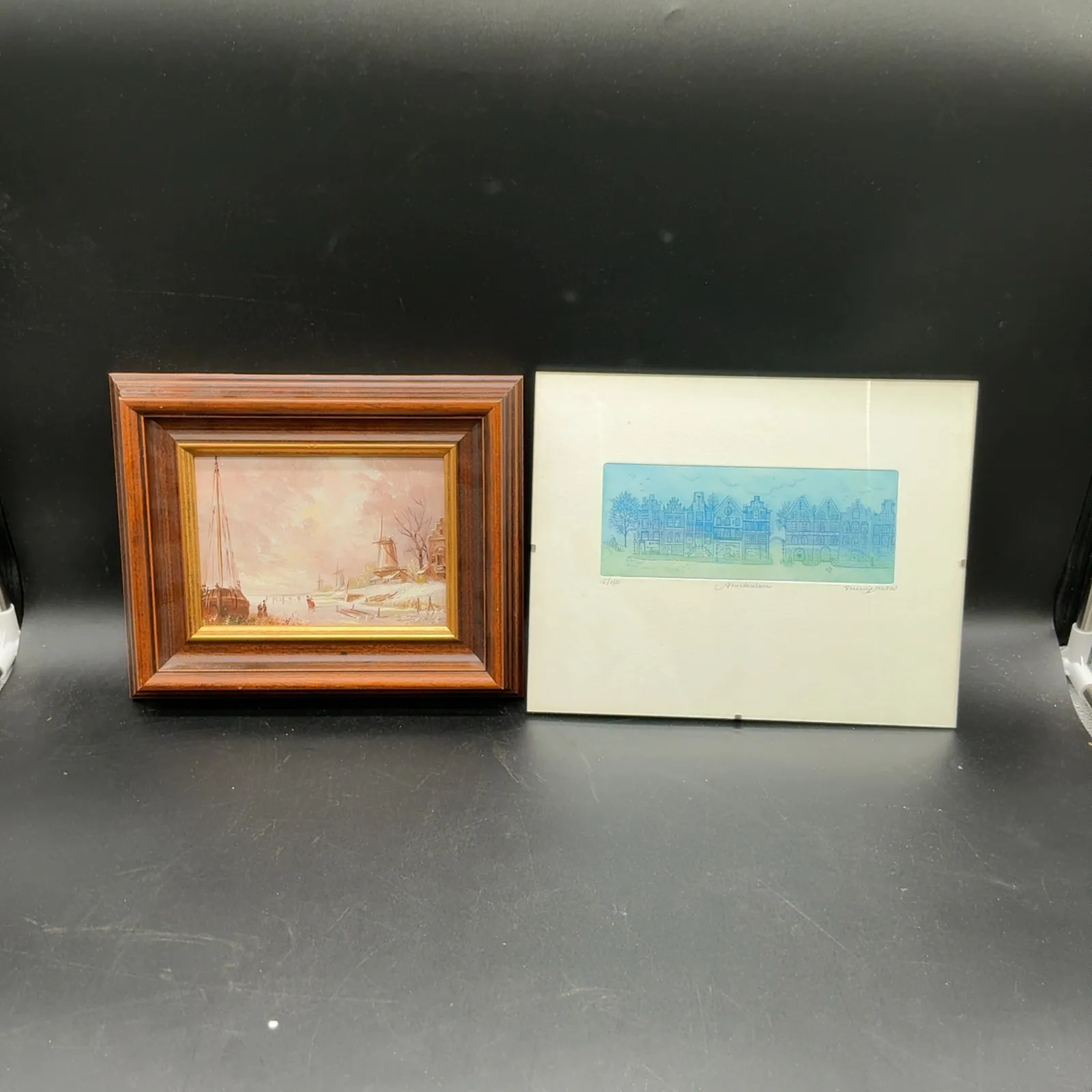 Dutch Winter Painting & Signed Amsterdam Etching