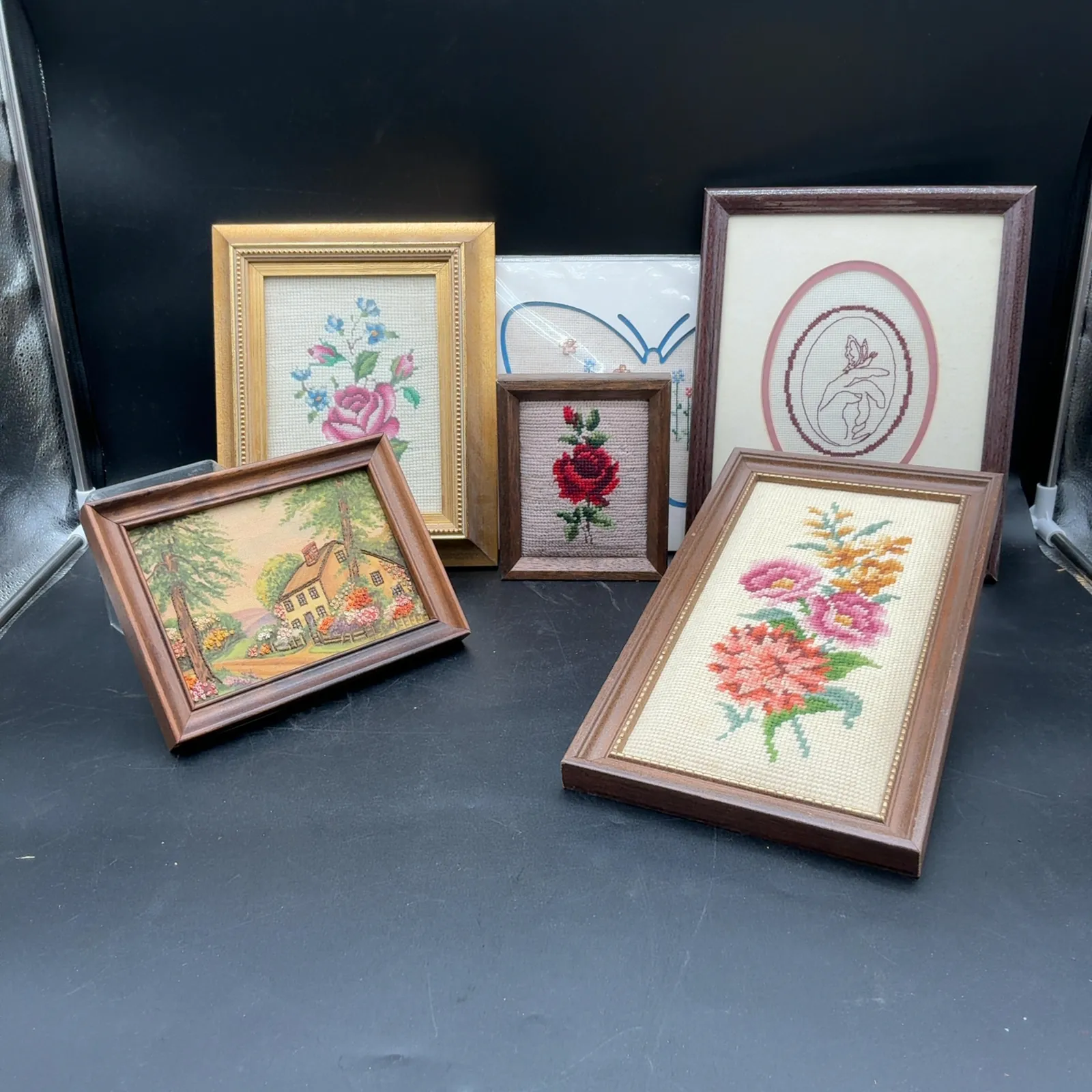 6 Framed Floral Needlework and Cottage Pictures