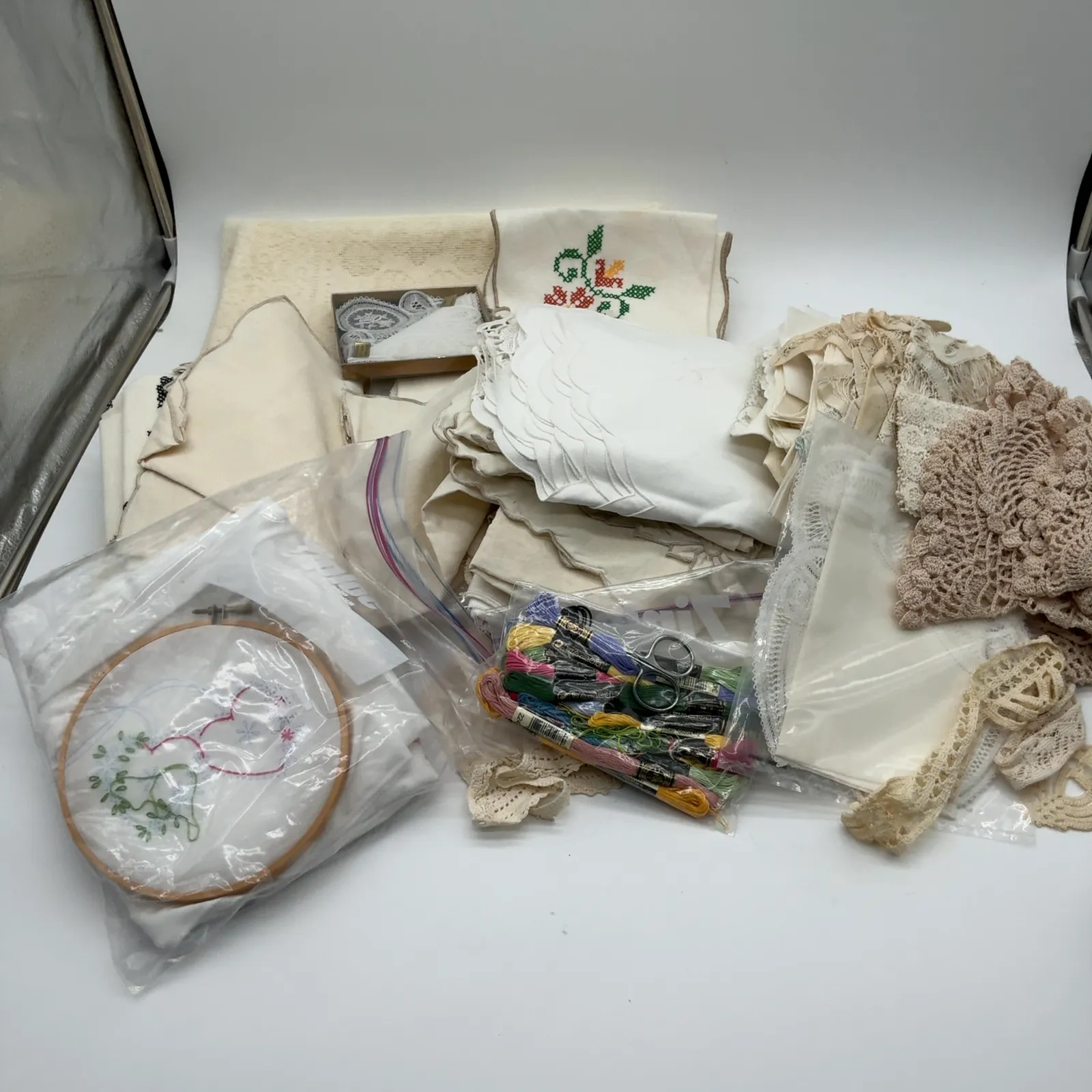 Vintage Linens Lace Embroidery Supplies Lot