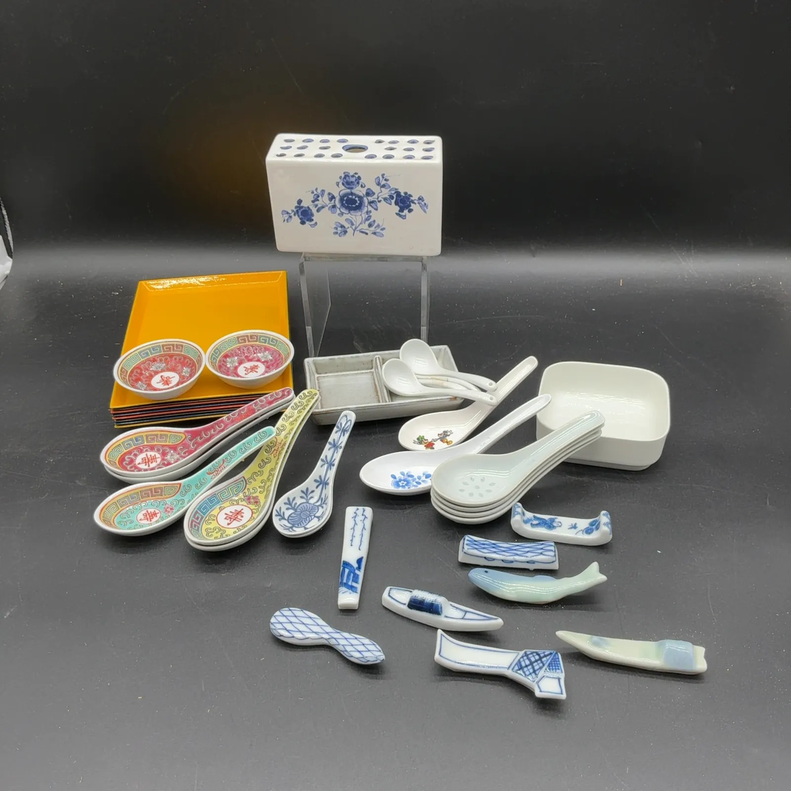 Asian Pottery Chopstick Rests, Spoons & Sushi Plates