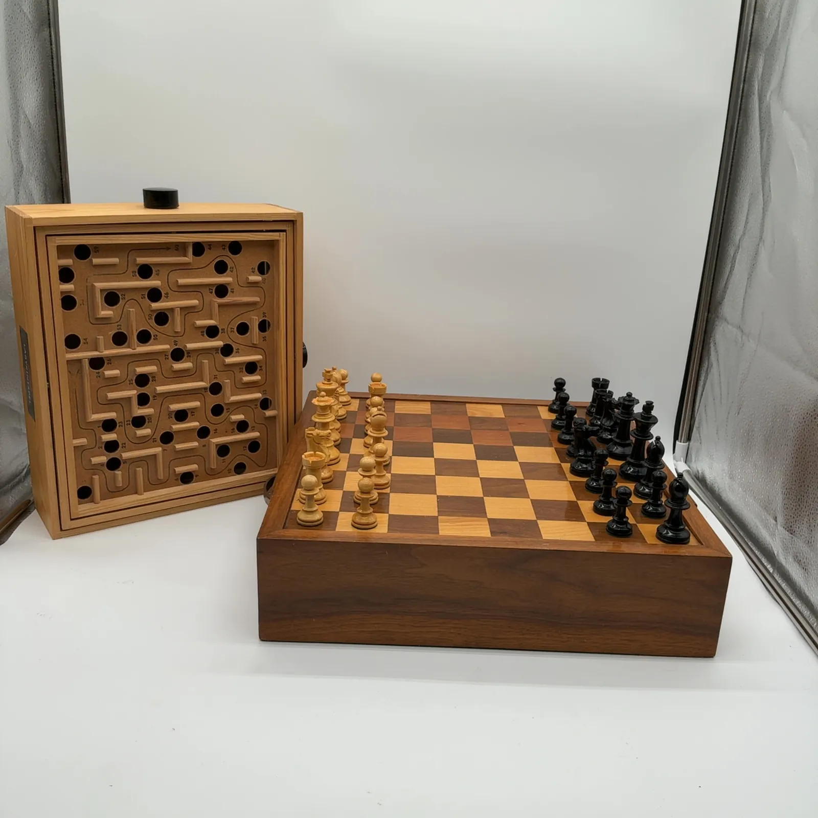 Wood Chess Set with Drawers and Labyrinth Game