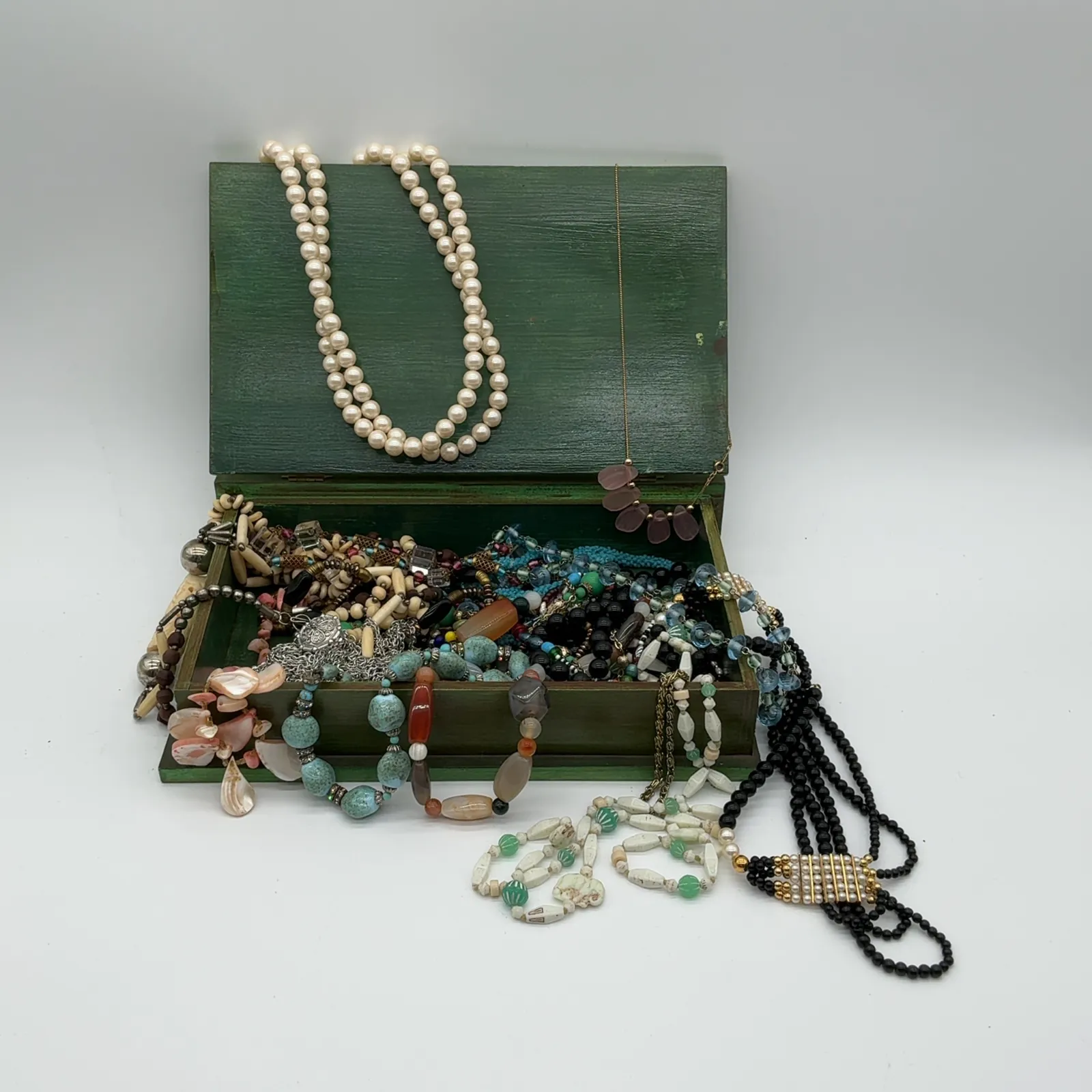 Mixed Costume Jewelry Necklace Lot with Wooden Box