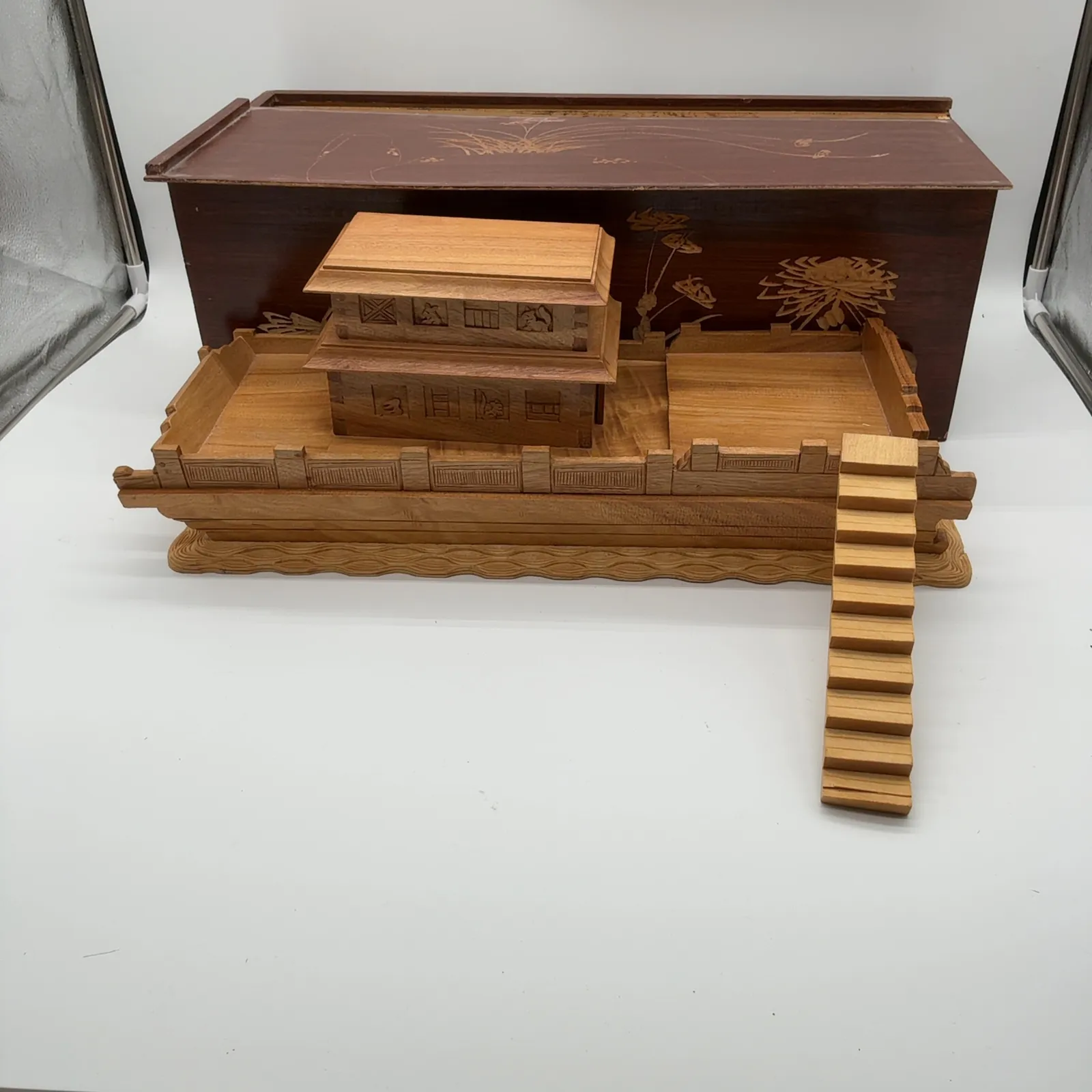 Hand-Carved Wooden Noah's Ark with Animal Figures
