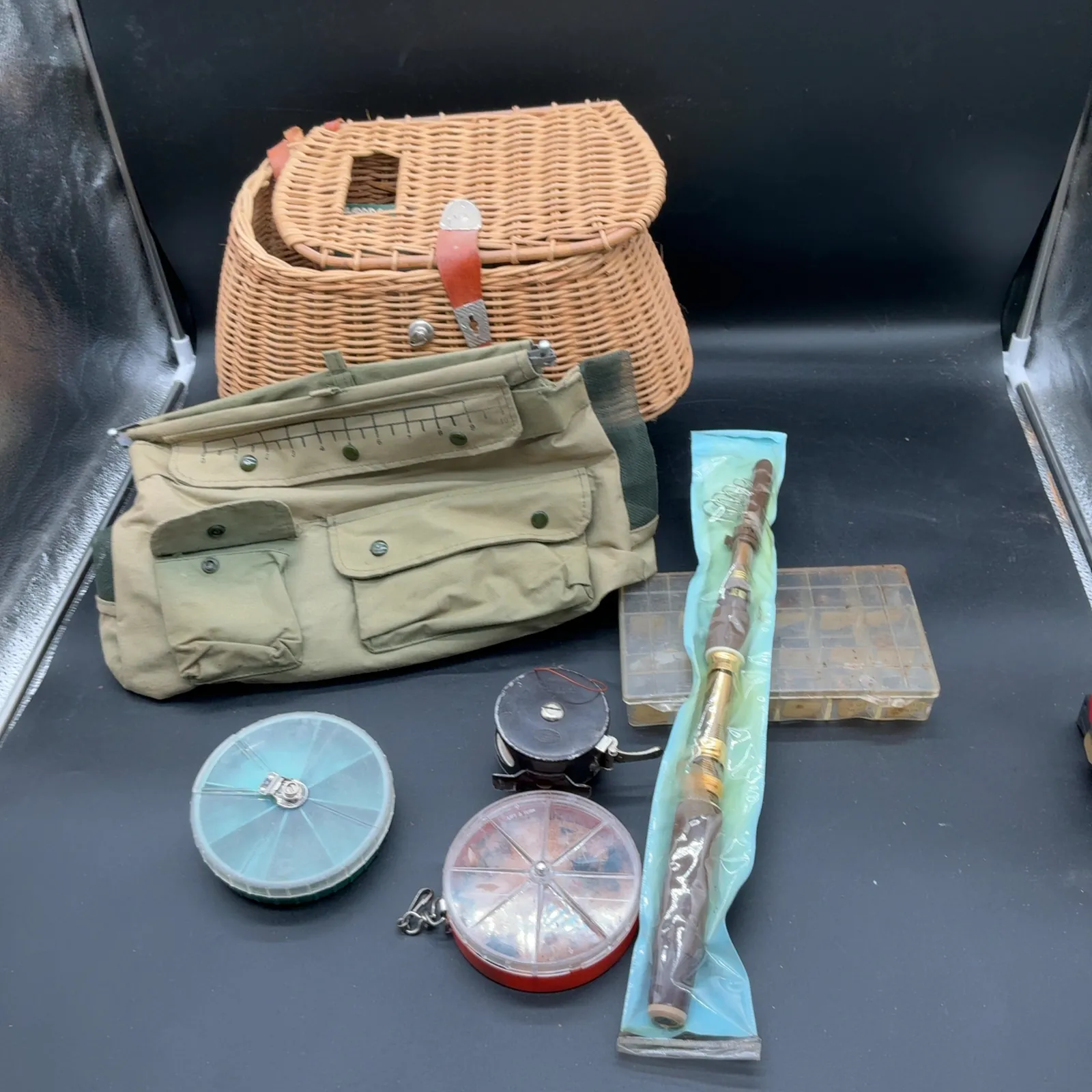 Vintage Fishing Creel, Telescoping Rod & Fly Tackle Lot