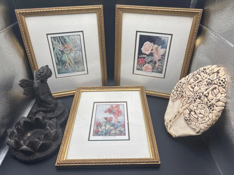 Fairy Art & Decor Lot Framed Prints Cherub & Textured Pottery - Sequim Estate Auction – A Life of Adventure & Humor | Ocean Bid Auction