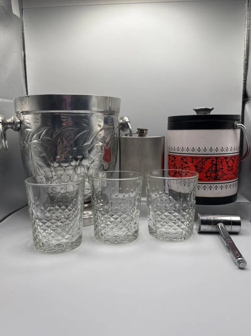 Mid-Century Bar Set – Ice Bucket, Glasses, Flask & Barware - Sequim Estate Auction – A Life of Adventure & Humor | Ocean Bid Auction