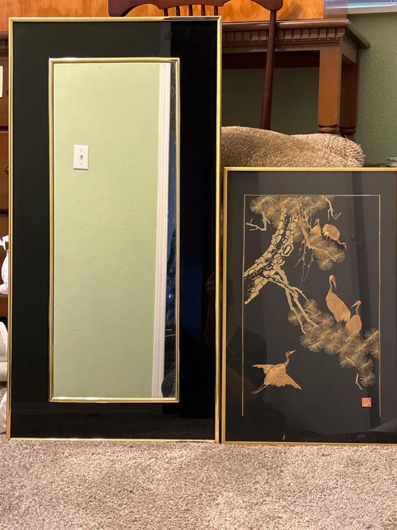 Elegant Crane Wall Art & Mirror Set Black Gold Decor Pair - Sequim Estate Auction – A Life of Adventure & Humor | Ocean Bid Auction