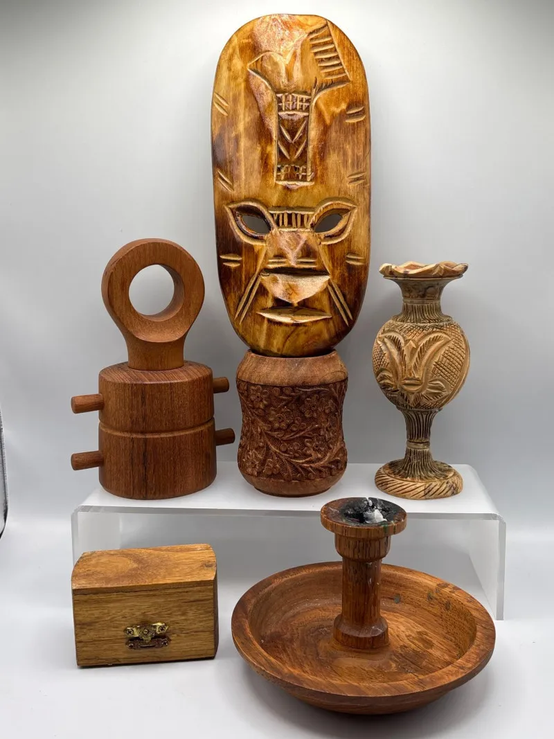 Carved Wood Decor Lot Mask Vase Candle Holder Box - Sequim Estate Auction – A Life of Adventure & Humor | Ocean Bid Auction