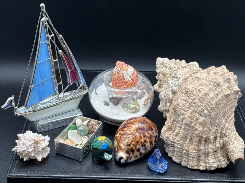 Coastal Decor Lot Shells Sailboat Glass Orb Beach Display Set - Sequim Estate Auction – A Life of Adventure & Humor | Ocean Bid Auction