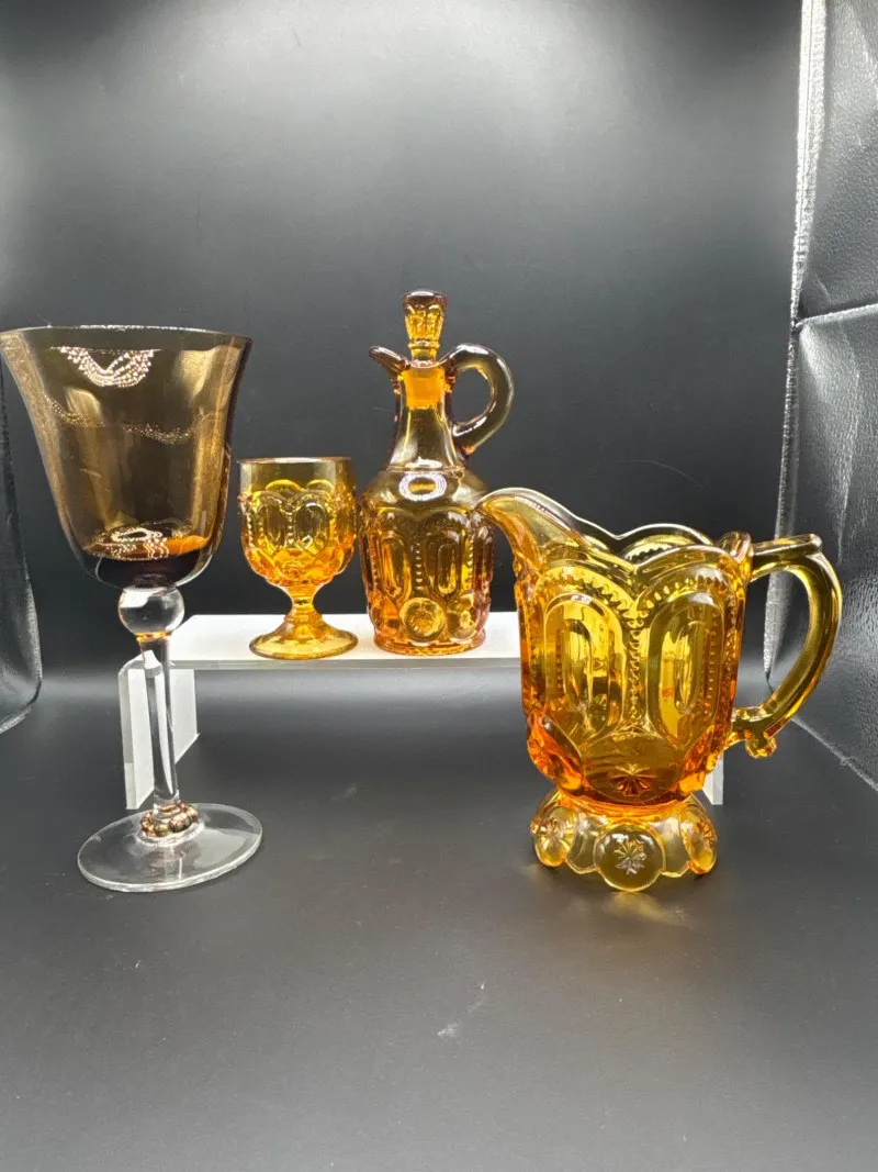 Amber Glass Lot Pitcher Cruet Goblets Vintage Barware - Sequim Estate Auction – A Life of Adventure & Humor | Ocean Bid Auction