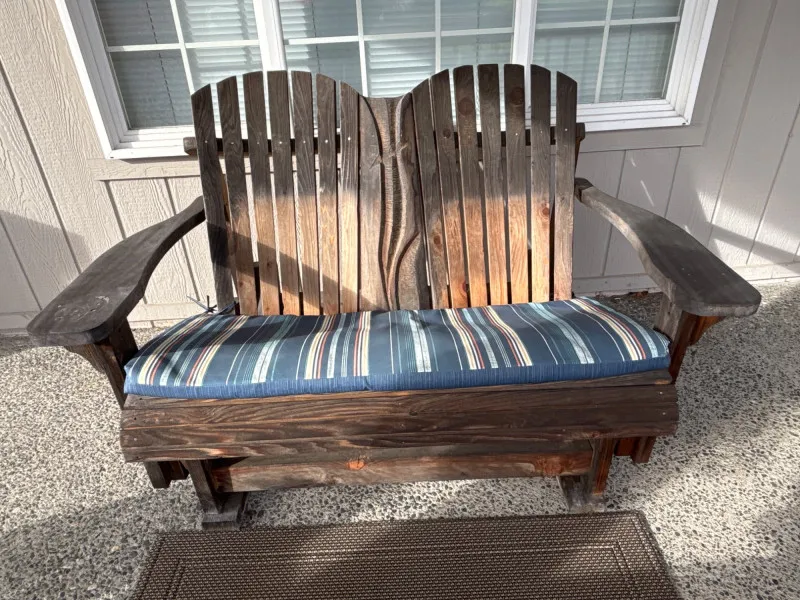 Rustic Wooden Patio Bench w/ Cushion – Adirondack Style - Sequim Estate Auction – A Life of Adventure & Humor | Ocean Bid Auction