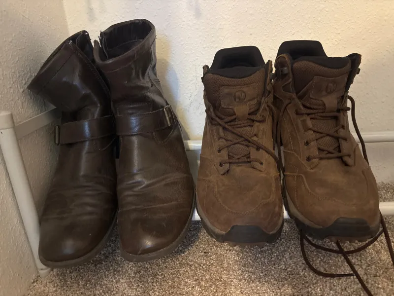 2 Pairs Mens Shoes Merrell Hiking Boots & Brown Leather Boots - Sequim Estate Auction – A Life of Adventure & Humor | Ocean Bid Auction