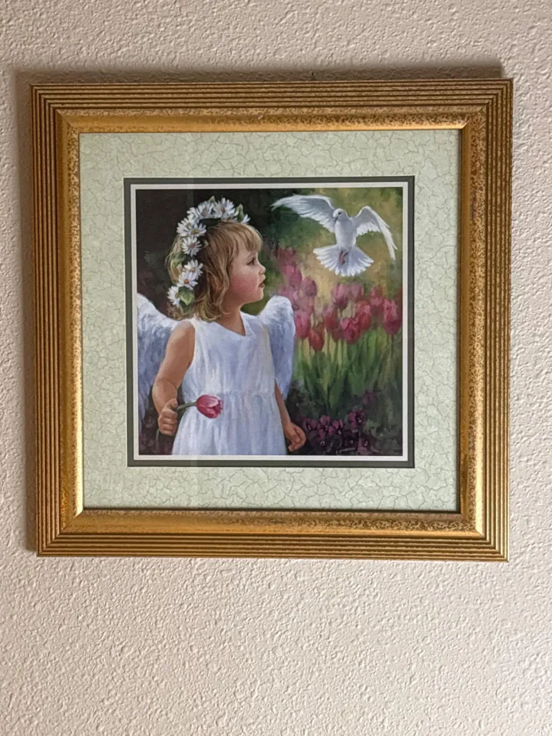 Framed Angel Child Print w Dove Floral Scene Gold Frame Art - Sequim Estate Auction – A Life of Adventure & Humor | Ocean Bid Auction