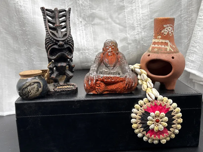 Tiki Hawaiian Décor Lot Buddha Shell Lei Pottery & Carving - Sequim Estate Auction – A Life of Adventure & Humor | Ocean Bid Auction