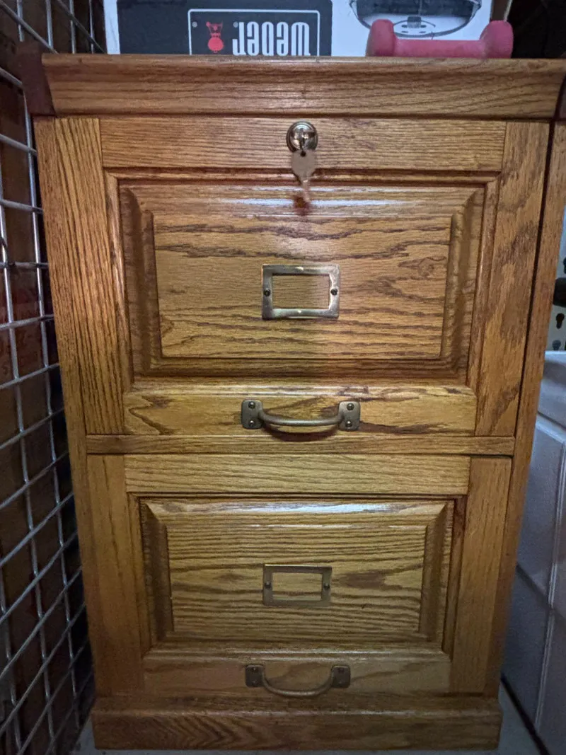 Oak File Cabinet 2 Drawer w Key Wood Office Storage Vintage - Sequim Estate Auction – A Life of Adventure & Humor | Ocean Bid Auction