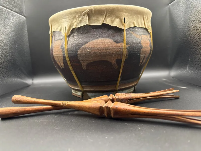 Hand Drum w Carved Wooden Beaters Animal Motif Rustic Decor - Sequim Estate Auction – A Life of Adventure & Humor | Ocean Bid Auction