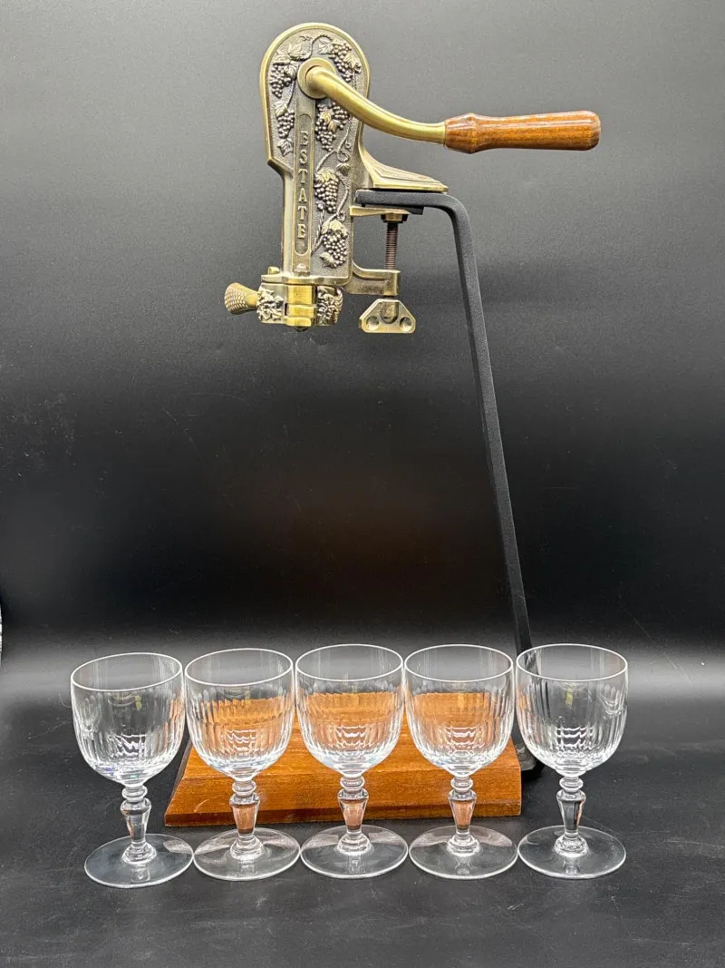 Vintage "Estate" Brass & Oak Wine Opener with Stemware Set - Designer Decor and Other Treasures | Ocean Bid Auction