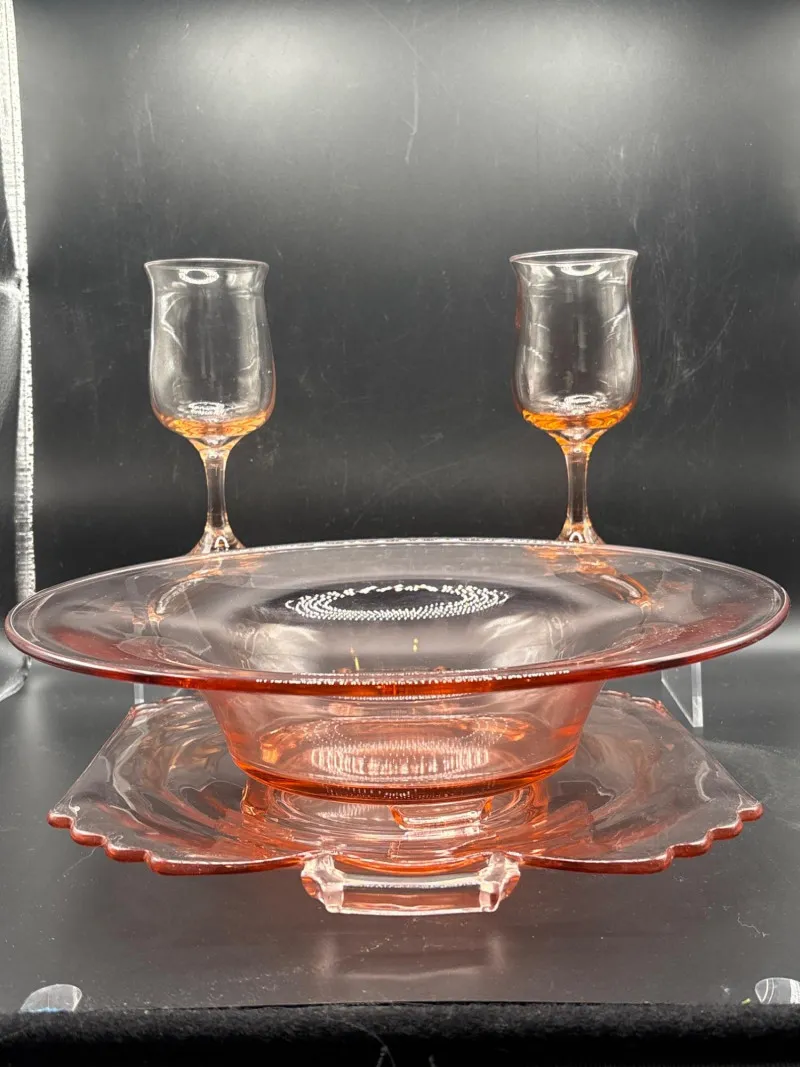 Vintage Pink Depression Glass Bowl Platter Cups Set 4pc - Designer Decor and Other Treasures | Ocean Bid Auction