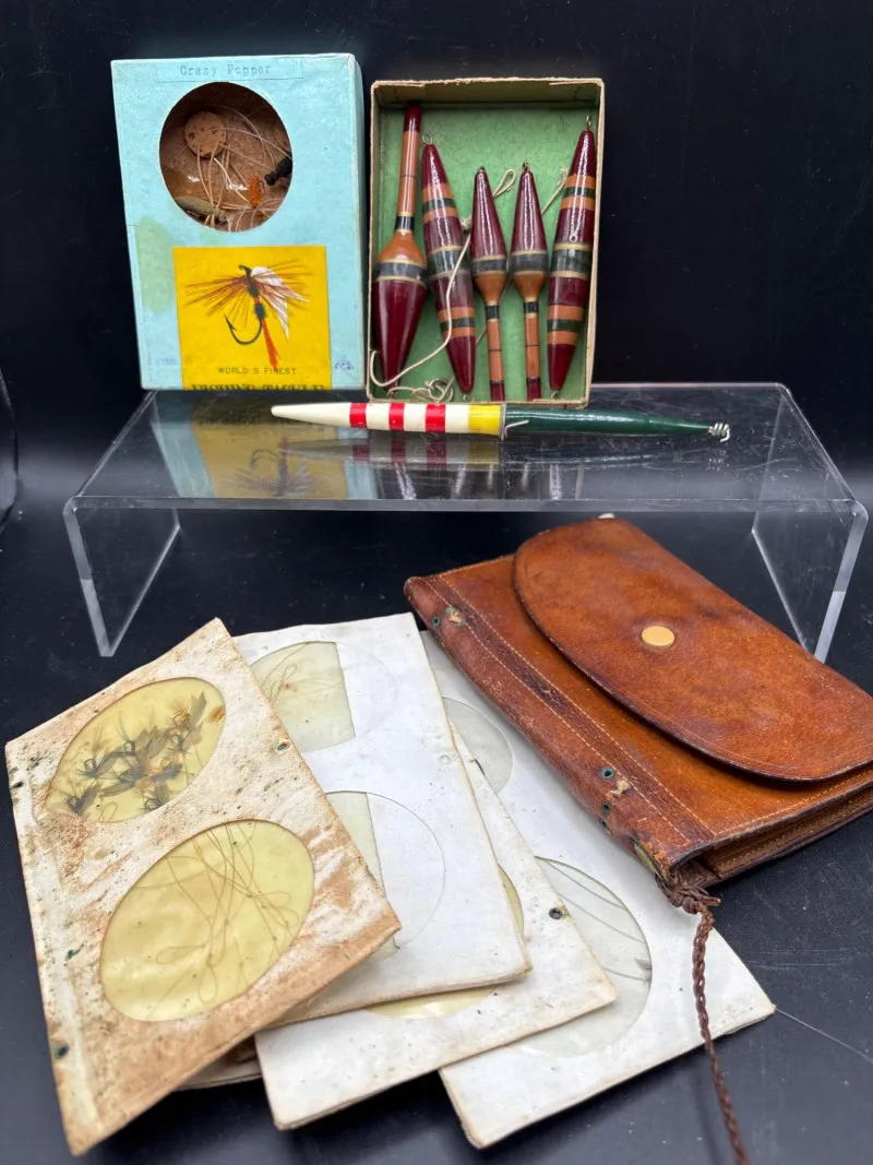 Vintage Wood Floats & Leather Leader Wallet | 1940s-50s Fishing Lot - Designer Decor and Other Treasures | Ocean Bid Auction