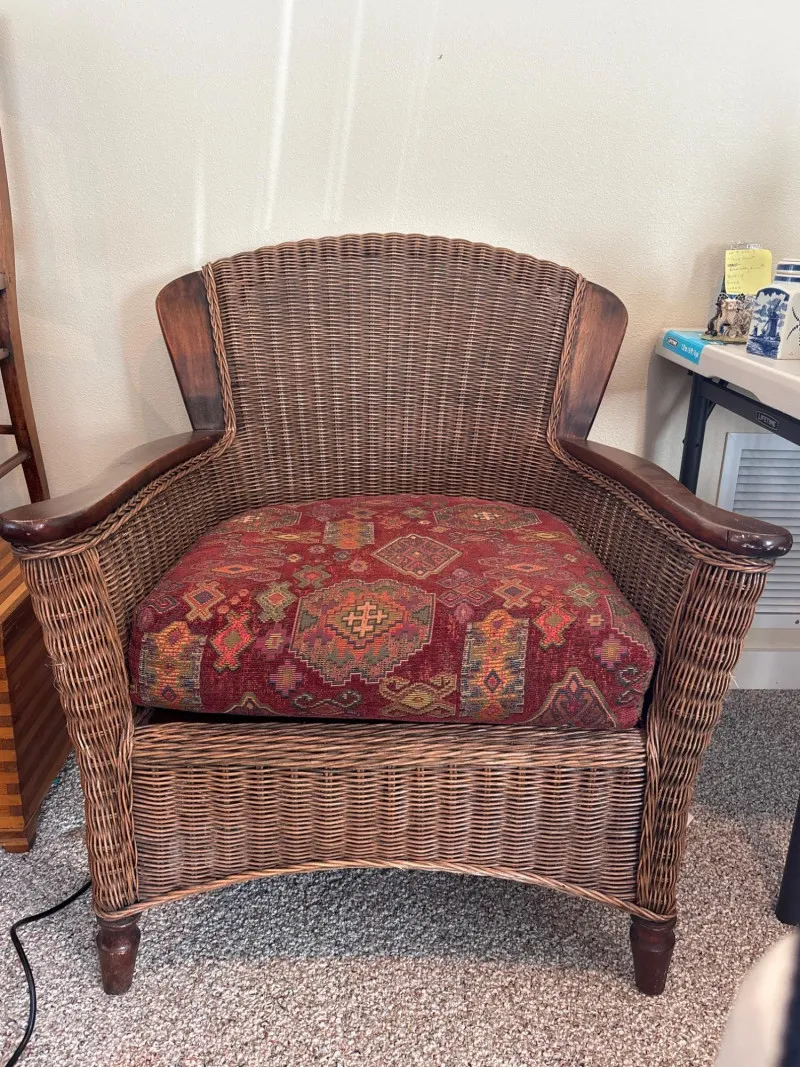 Vintage Woven Wicker Armchair w/ Patterned Cushion - Designer Decor and Other Treasures | Ocean Bid Auction
