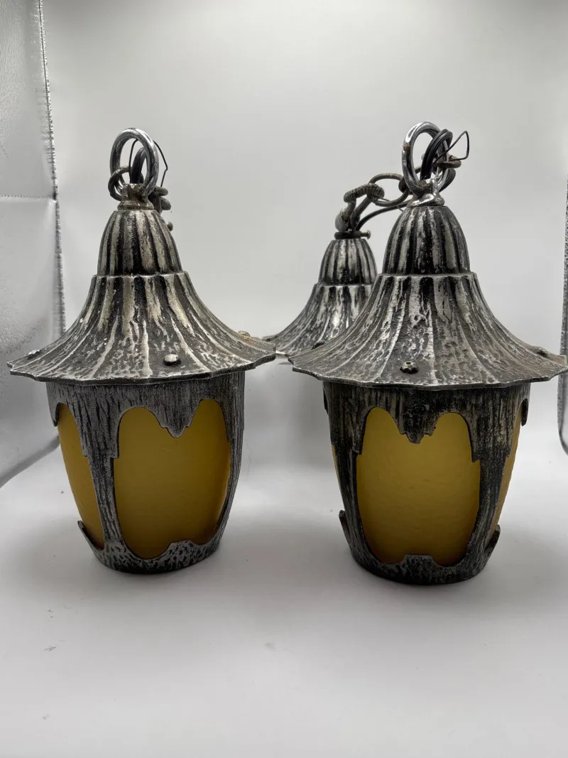Vintage Aluminum Hanging Lights Pair Amber Glass Mid Century - Designer Decor and Other Treasures | Ocean Bid Auction