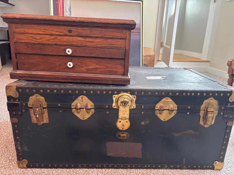 Antique Bullock Brand Steamer Trunk & Wood Chest Set - Designer Decor and Other Treasures | Ocean Bid Auction