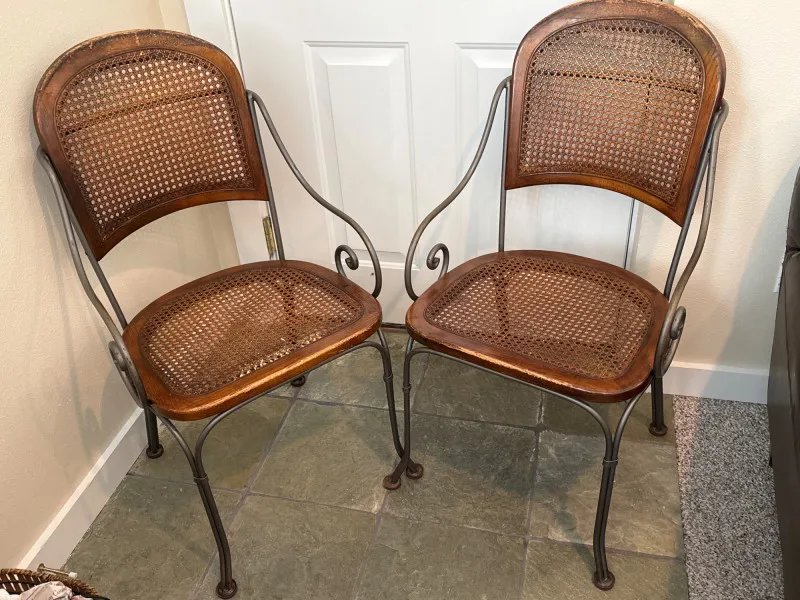 2pc Vintage Metal & Woven Cane Mid-Century Chairs - Designer Decor and Other Treasures | Ocean Bid Auction