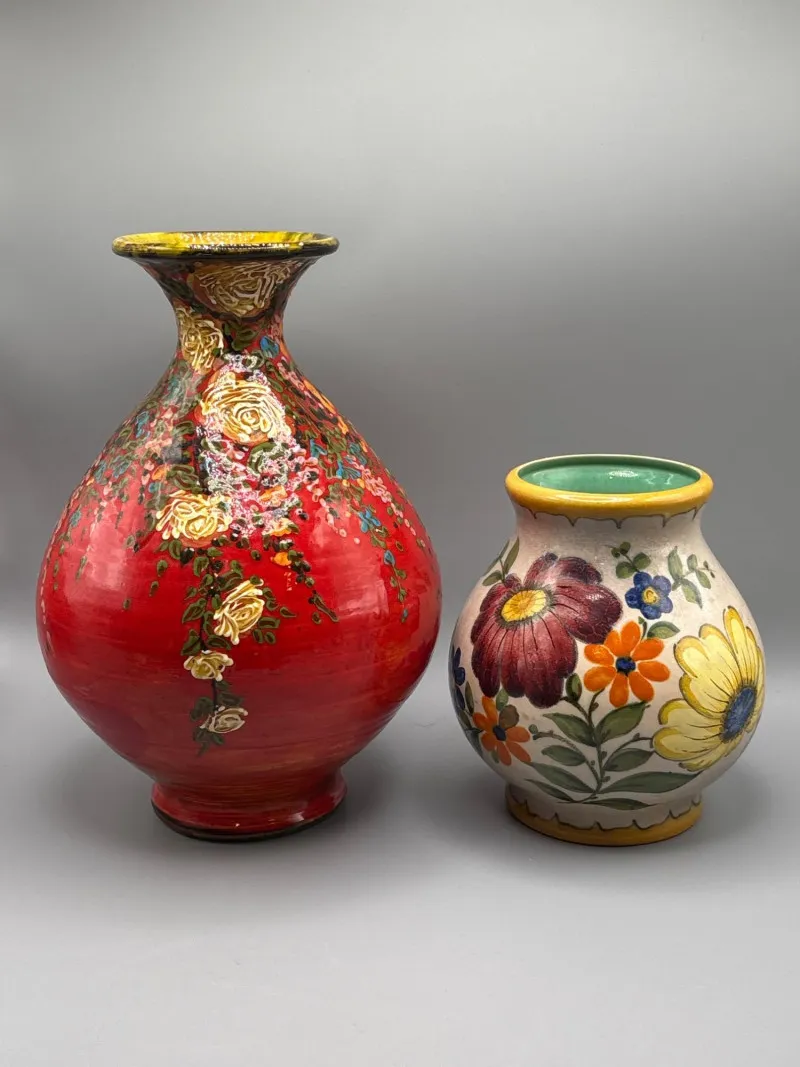 Artisan Floral Relief Vase Pair - Italian Gubbio & Crimson Gilt - Designer Decor and Other Treasures | Ocean Bid Auction