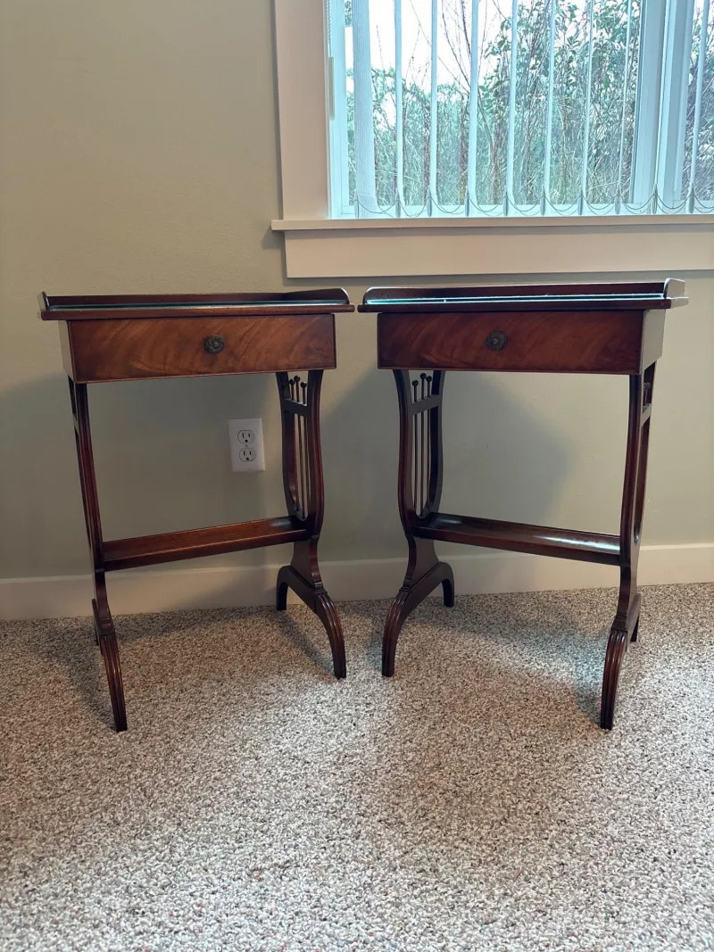 Pair of Vintage Federal Style Mahogany Lyre-Base Side Tables - Designer Decor and Other Treasures | Ocean Bid Auction