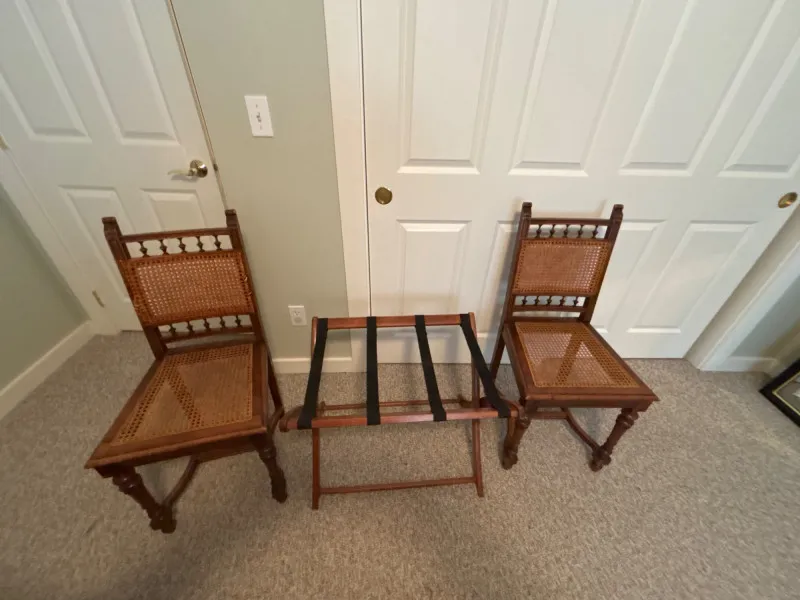 3pc Vintage Hall Set: Pair Cane-Back Chairs & Wood Luggage Rack - Designer Decor and Other Treasures | Ocean Bid Auction