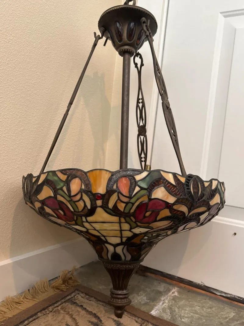 VIBRANT STAINED GLASS STYLE HANGING CHANDELIER | Floral Motif - Designer Decor and Other Treasures | Ocean Bid Auction