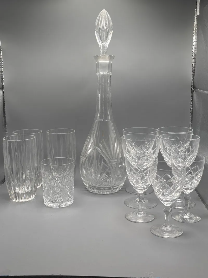Cut Crystal Decanter Set Stemware Tumblers Mixed Glassware - Designer Decor and Other Treasures | Ocean Bid Auction