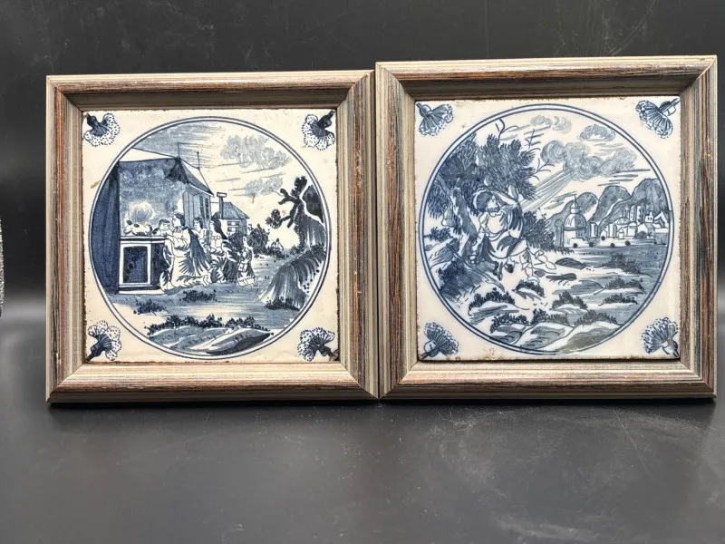 Royal Delft Framed Tile Pair Hand Painted Dutch 6.5in - Designer Decor and Other Treasures | Ocean Bid Auction