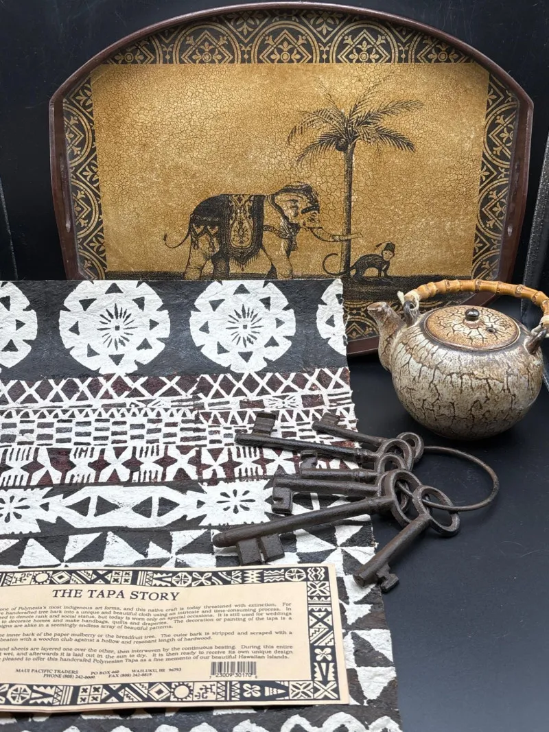 7pc Tapa Cloth, Artisan Teapot & Elephant Decor Set - Designer Decor and Other Treasures | Ocean Bid Auction